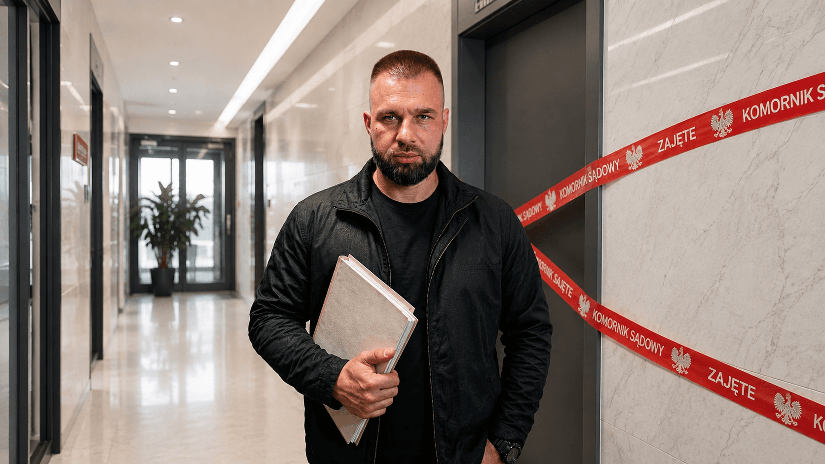 Komornik przy drzwiach z dokumentem